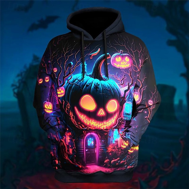 Seasonal Graphic Pumpkin Print 3D Pullover Hoodie for Halloween and Holiday Outings in Blue, Purple, and Green Cotton